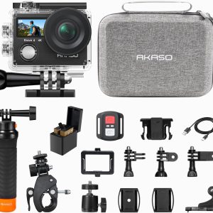 AKASO Brave 4 Action Camera with Waterproof Floating Hand Grip and Carry Bag Bundle - 4K30 20MP Ultra Hd EIS 131ft Underwater Camera 5xZoom Dual Screen with Helmet and Bicycle Accessories Kit