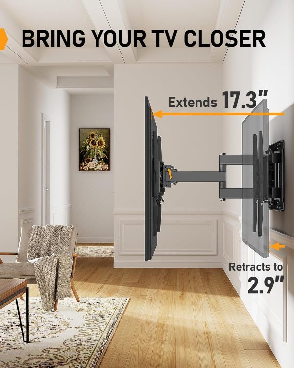 Perlegear Full Motion TV Mount for 32-65 Inch TVs up to 99 lbs, Max VESA 400x400mm, Fits 16”/12” Wood Studs, Height Adjustable Pre-Assembled TV Wall Mount, Tool-Free Tilt, Swivel & Extension, PGMF21 - Image 3