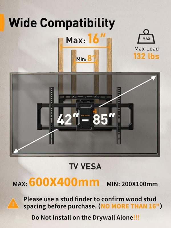 Perlegear UL Listed Full Motion TV Wall Mount for 42-85 inch TVs up to 132 lbs, TV Mount with Dual Articulating Arms, Tool-Free Tilt, Swivel, Extension, Leveling, Max VESA 600x400mm, 16" Studs, PGLF8 - Image 2